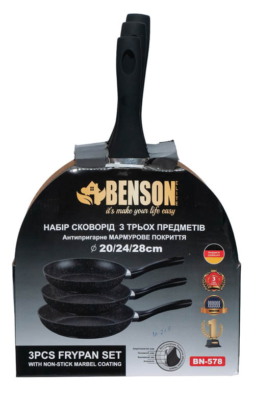 Набір сковорідок Benson BN-578 Антипригарне мармурове покриття, 3 шт 20 см, 24 см, 28 см - Зображення 2