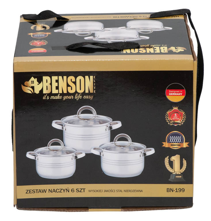 Набір каструль Benson BN-199 З нержавіючої сталі, 6 предметів, 2.1 л, 2.9 л, 3.9 л - Зображення 2